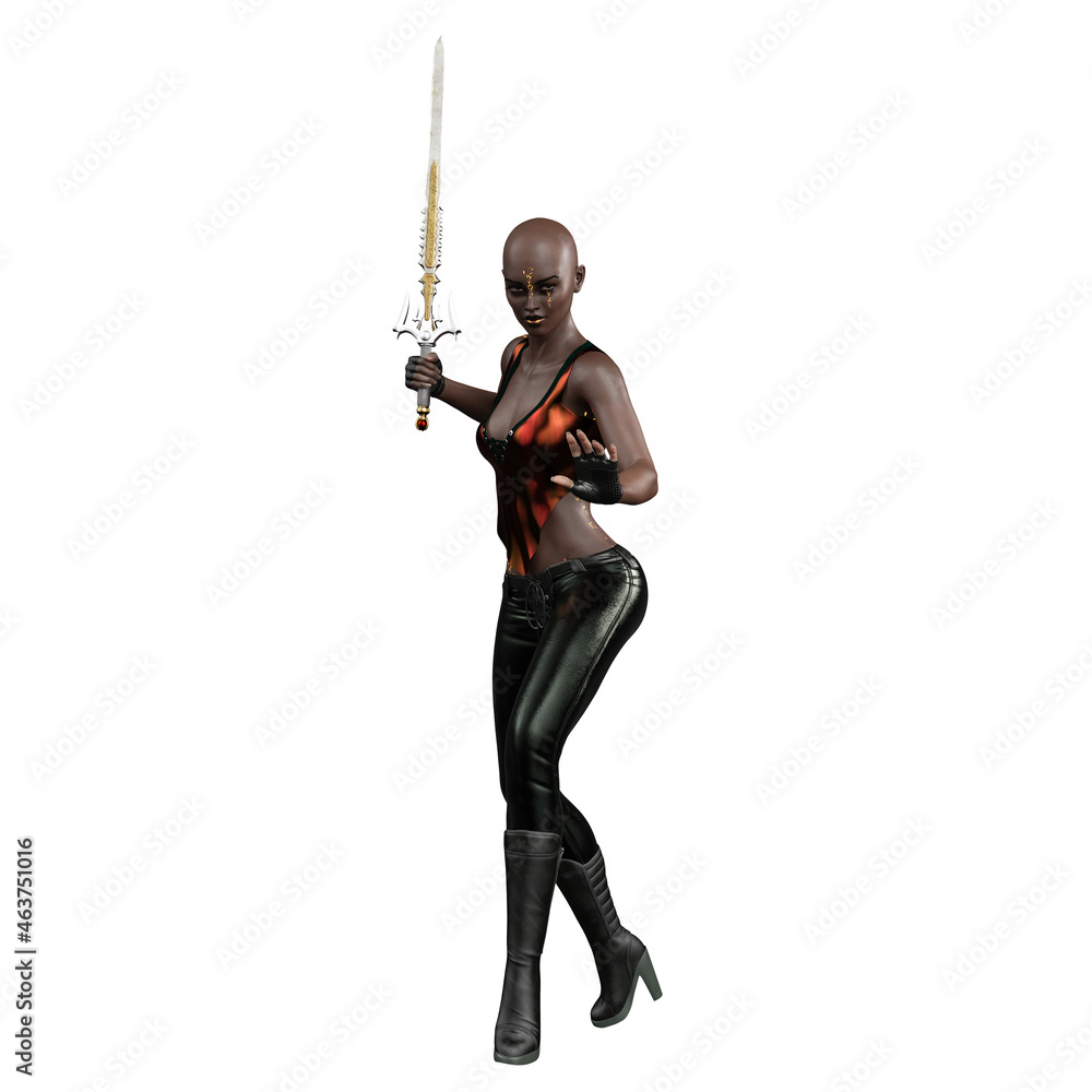 Urban Fantasy African-American Woman holding sword on Isolated White Background, 3D Rendering, 3D illustration Urban Fantasy African-American Woman holding sword on Isolated White Background, 3D Rendering, 3D illustration
