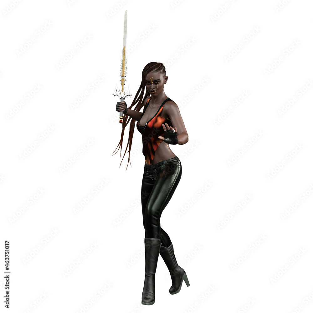 Urban Fantasy African-American Woman holding sword on Isolated White Background, 3D Rendering, 3D illustration Urban Fantasy African-American Woman holding sword on Isolated White Background, 3D Rendering, 3D illustration