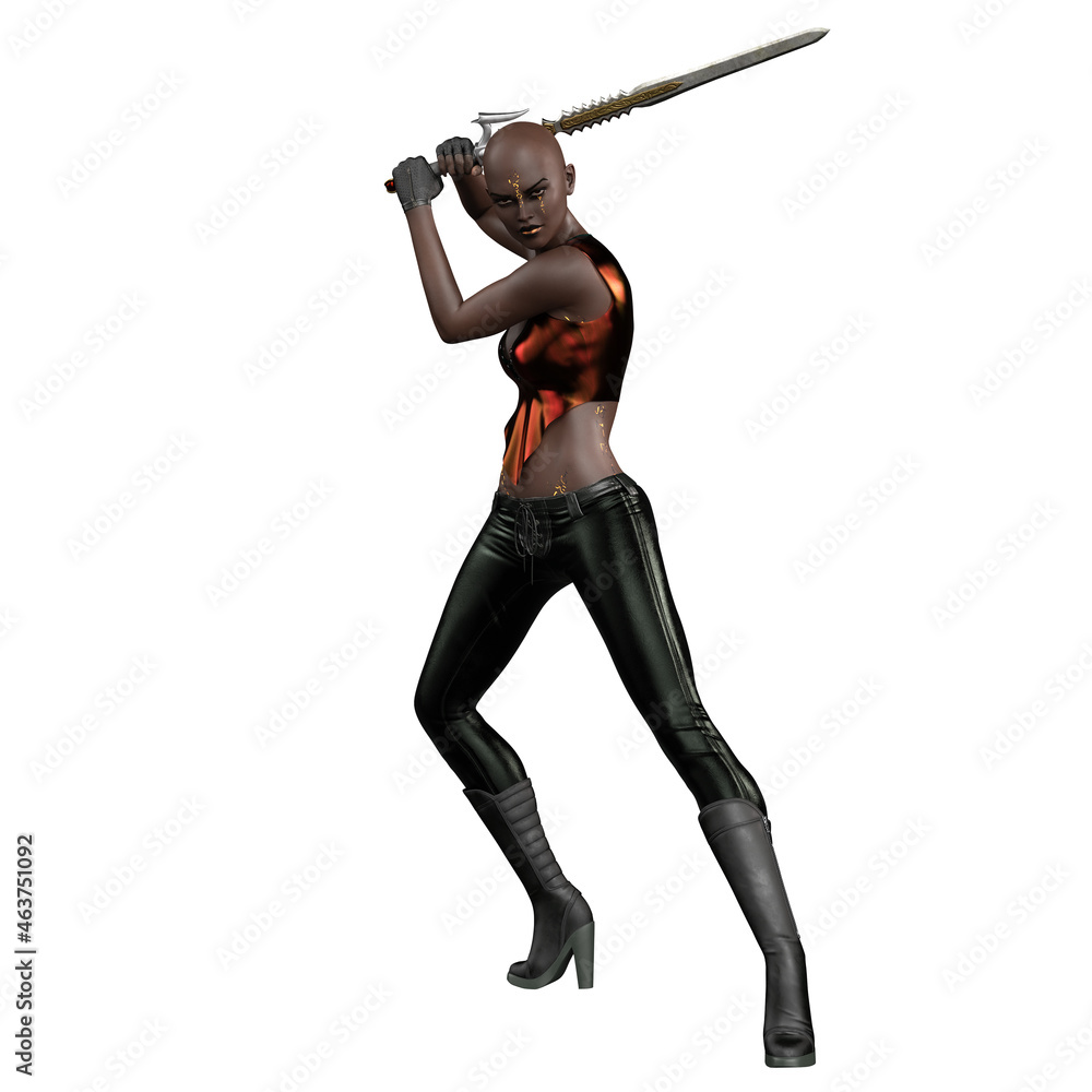 Urban Fantasy African-American Woman holding sword on Isolated White Background, 3D Rendering, 3D illustration