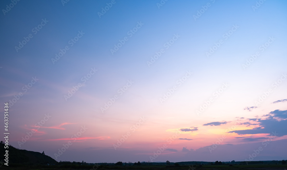 Colorful sunset and sunrise with clouds. Blue and orange color of nature. Many white clouds in the blue sky. The weather is clear today. sunset in the clouds. The sky is twilight.