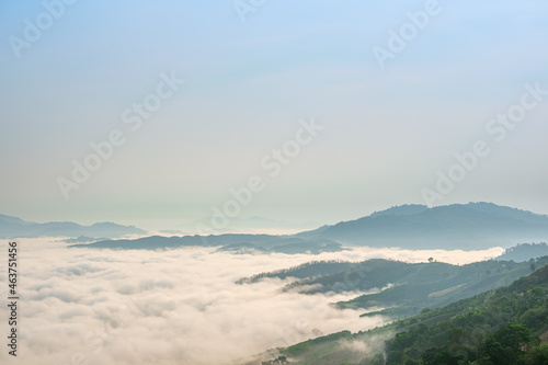 Surreal landscape of morning foggy..Morning clouds at sunrise.Landscape of fog and mountains of northern Thailand.