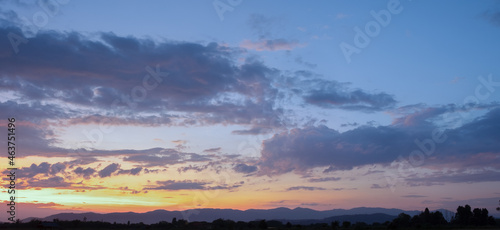 Colorful sunset and sunrise with clouds.Blue and orange color of nature.Many white clouds in the blue sky.The weather is clear today.sunset in the clouds.The sky is twilight.