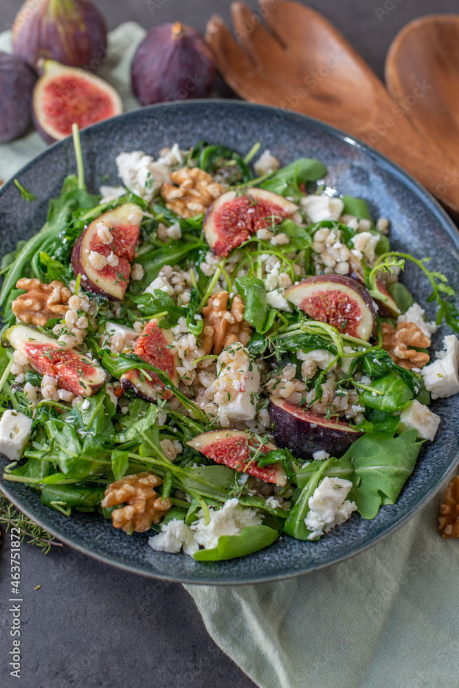 healthy barley salad with fresh figs, feta cheese and walnuts healthy barley salad with fresh figs, feta cheese and walnuts