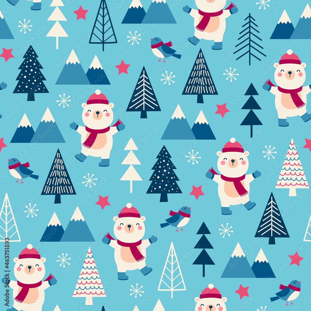 Cute polar bear and pine tree seamless pattern for christmas holidays.