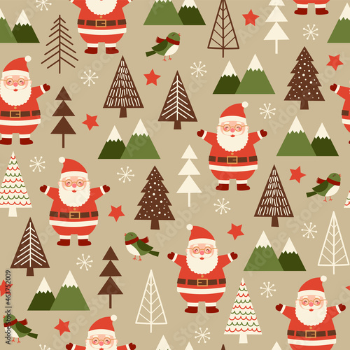 Cute santa claus and pine tree seamless pattern for christmas holidays.