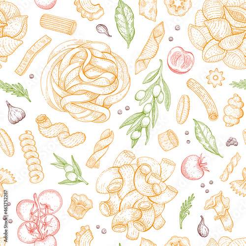 Pasta Pattern. Italian vector food seamless background. Macaroni sketch doodle illustration. Vintage drawing from Italy. Outline pasta Fettuccine Gobetti with tomato, olive, bay leaf, garlic, pepper