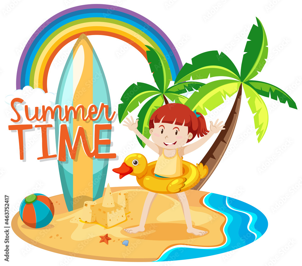 Summer Time banner with a girl at the beach