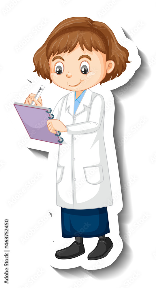 A girl in science gown cartoon character sticker A girl in science gown cartoon character sticker