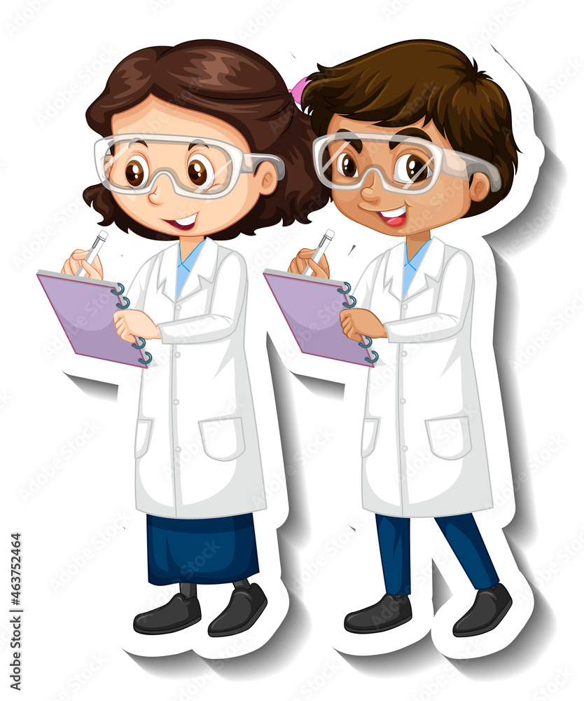 Cartoon character sticker with couple scientists in science gown Cartoon character sticker with couple scientists in science gown