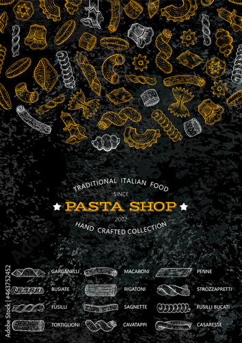Pasta menu. Italian food restaurant vector illustration. Logo and menu design on blackboard background. Spaghetti, penne, macaroni in chalk board vintage art. Sketch chalkboard cafe hand drawing