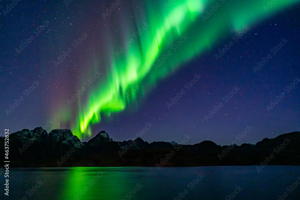 Nordlichter auf den Lofoten, Norwegen. Aurora borealis über dem Berg mit spiegelndem Licht auf dem Meer. die Lady (Aurora) tanzt in einer klaren Sternennacht am Himmel. klarer Himmel mit Sternen Nordlichter auf den Lofoten, Norwegen. Aurora borealis über dem Berg mit spiegelndem Licht auf dem Meer. die Lady (Aurora) tanzt in einer klaren Sternennacht am Himmel. klarer Himmel mit Sternen