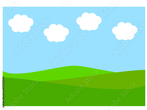 Field and sky with clouds.Green nature landscape.Hill and grass.Park or outdoor.Golf courses.Summer background.Garden or turf.Farm and countryside scenery.Cartoon vector illustration.Wallpaper meadow.