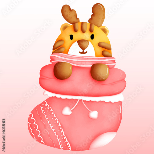 tiger watercolor is very cute sit in the Christmas sock.the reindeer head make the picture is so adorable and sweet.