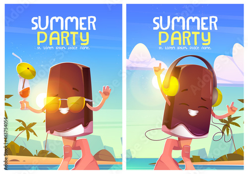 Summer party posters with cute ice cream character and tropical landscape. Vector flyers with cartoon illustration with hand holding happy popsicle in headphones and with cocktail on sea beach