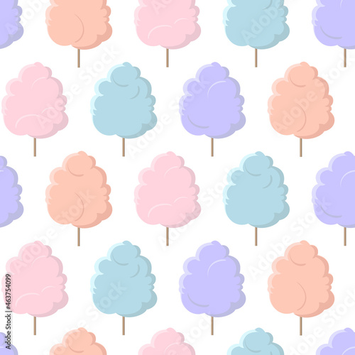 Vector seamless pattern with cotton candy isolated on white background. Trendy colorful flat illustration for textile design, packaging and wrapping paper.