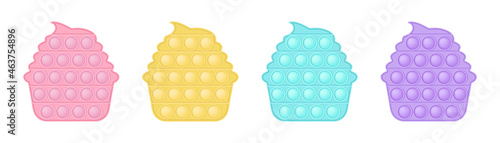 Set of popit cake in style a fashionable silicon fidget toys. Addictive antistress toy in pastel colors - pink, blue, yellow, purple. Bubble sensory developing pop it for kids fingers. Isolated vector