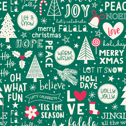 Cute christmas elements and typography design seamless pattern.