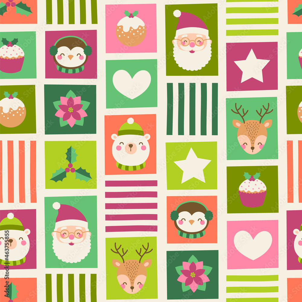 Cute cartoon character and decorative elements for christmas and new year celebration background.