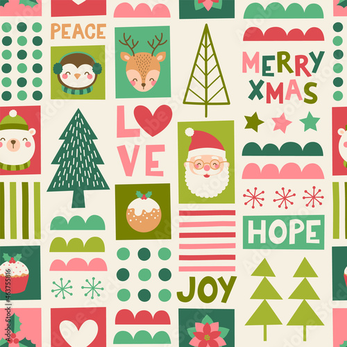 Cute cartoon character and decorative elements for christmas and new year celebration background.