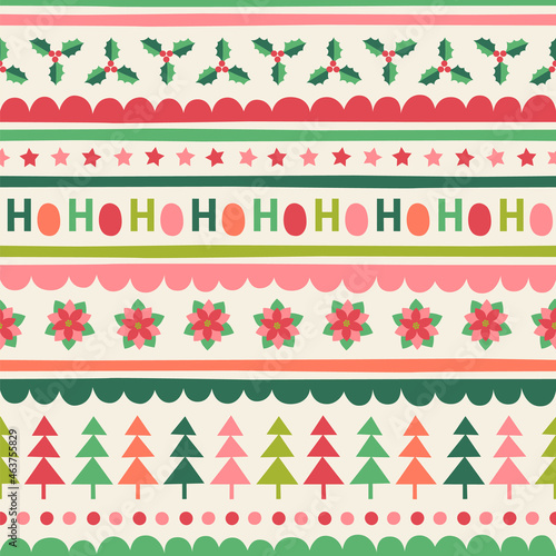 Cute christmas elements seamless pattern with striped background.