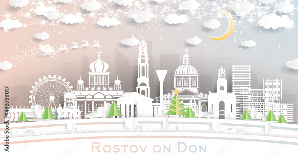 Rostov-on-Don Russia City Skyline in Paper Cut Style with Snowflakes, Moon and Neon Garland.