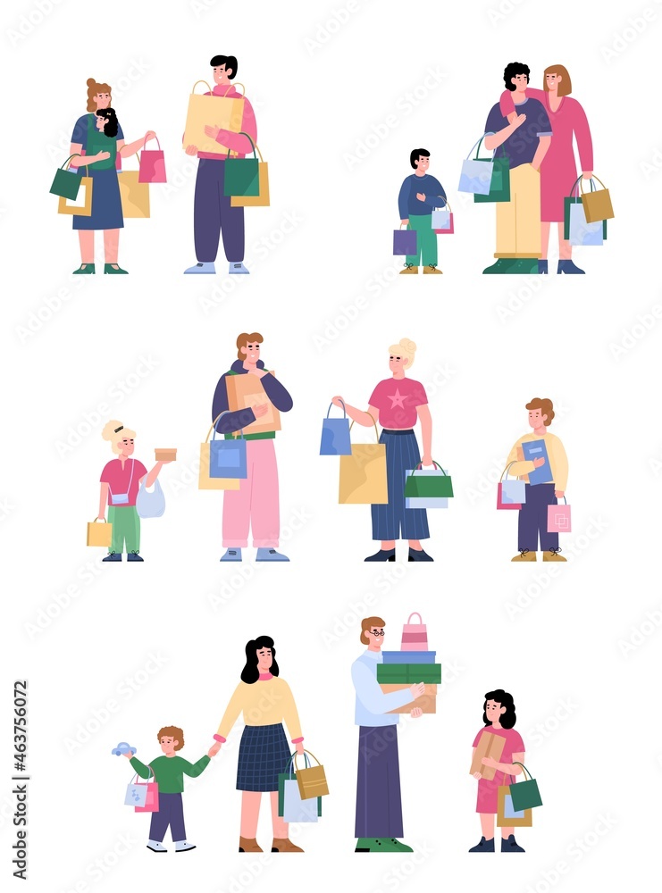 Happy family couples and children shopping, set of vector illustration isolated.