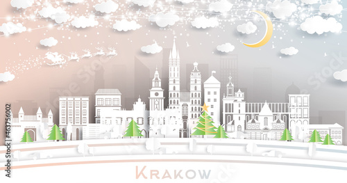 Krakow Poland City Skyline in Paper Cut Style with Snowflakes, Moon and Neon Garland. photo