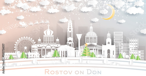 Rostov-on-Don Russia City Skyline in Paper Cut Style with Snowflakes, Moon and Neon Garland.