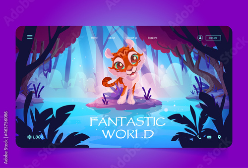 Fantastic world banner with cute tiger in magic forest. Vector landing page with cartoon fantasy illustration of happy wild kitten and woods landscape with lake and trees