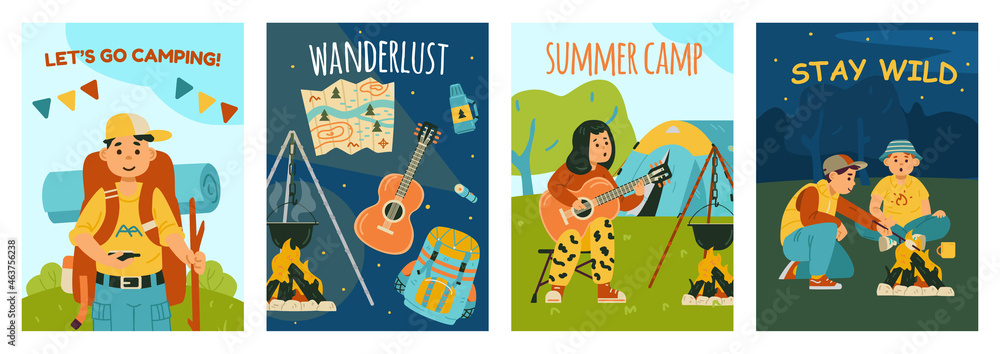 Fototapeta premium Design posters for kids summer camps. Adventure hiking and camping activity for boys and girls at nature during vacation or weekend. Flat cartoon vector illustrations.
