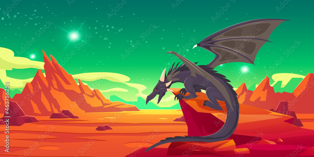 Fairytale black dragon on cliff in mountains. Vector cartoon fantasy illustration of spooky magic beast with wings and red desert landscape with rocks at night - obrazy, fototapety, plakaty 