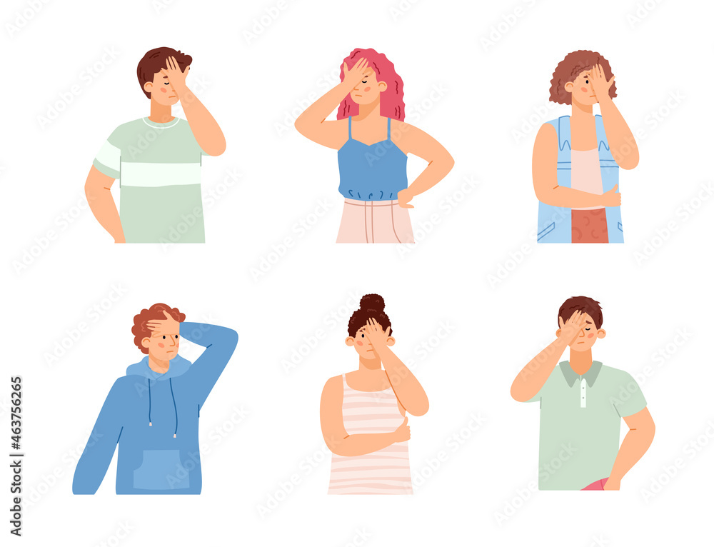 Sad disappointed people cover faces with palm a vector isolated illustrations. Sad disappointed people cover faces with palm a vector isolated illustrations.