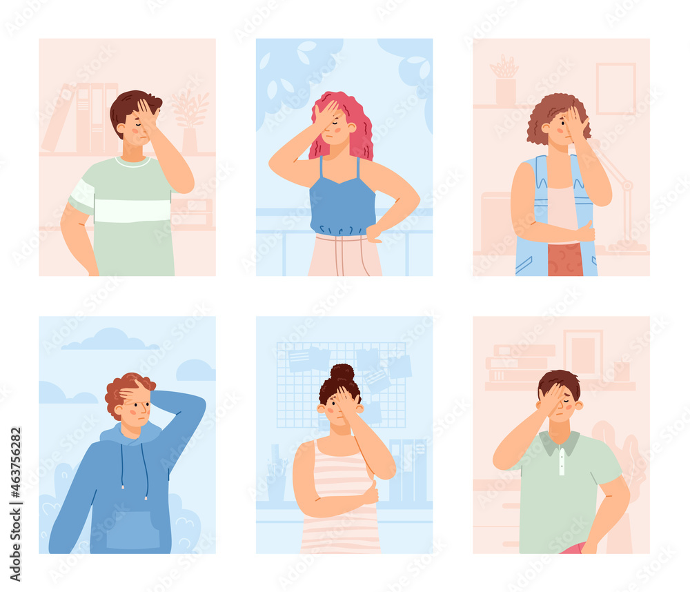 Set of people feel shame and disappointment, flat vector illustration isolated. Set of people feel shame and disappointment, flat vector illustration isolated.