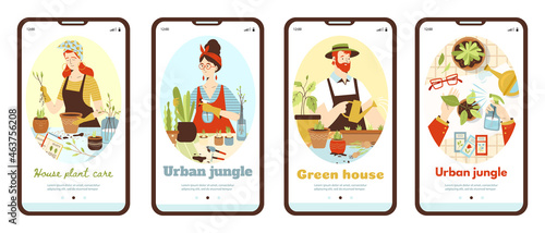 Onboarding pages kit on urban jungle and green house, flat vector illustration.