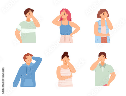 Sad disappointed people cover faces with palm a vector isolated illustrations.