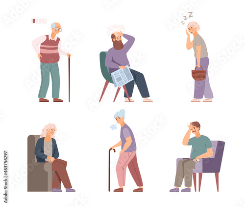 Set of tired elderly persons with various health disorders a vector illustrations