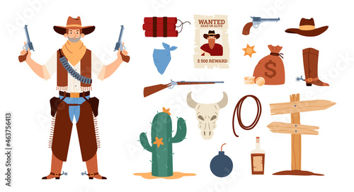 Wild west cowboy life icons with armed man, flat vector illustration isolated.