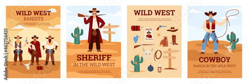 Wild west banners or cards set with cowboy and sheriff flat vector illustration.