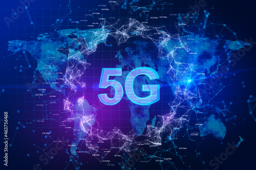 Abstract glowing blue polygonal 5G hologram on blurry background with map. Internet speed  wireless connection and communication concept. 3D Rendering.