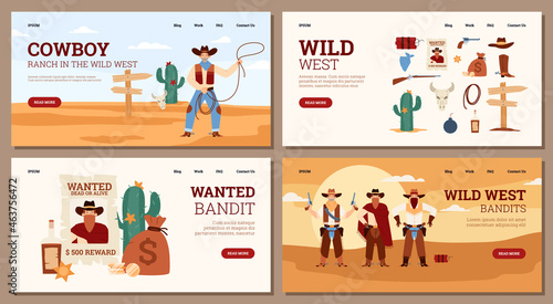 Set of web banners on theme of american wild west with bandits and cowboy. © Kudryavtsev