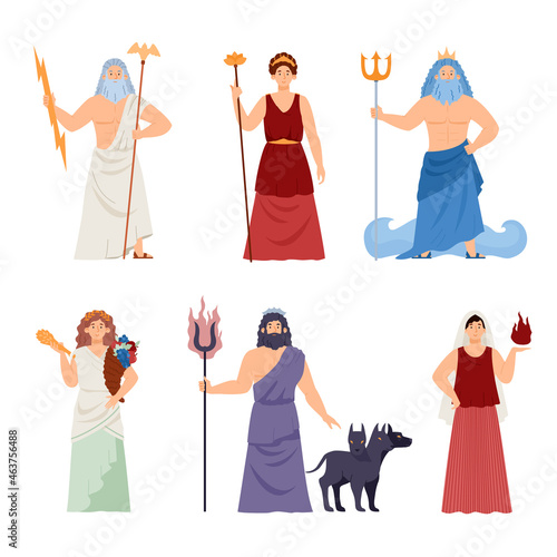 Olympic Greek antique gods characters set, flat vector illustration isolated.