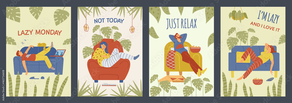 Vector posters with lazy male and female persons relaxing at home.