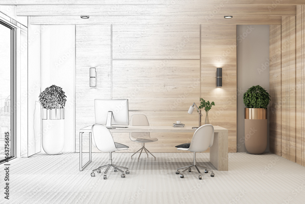 Sketch of modern wooden office interior with desktop, equipment, window with city view and other items. Workplace, repairs, refurbishment, project and design concept. 3D Rendering. - obrazy, fototapety, plakaty 