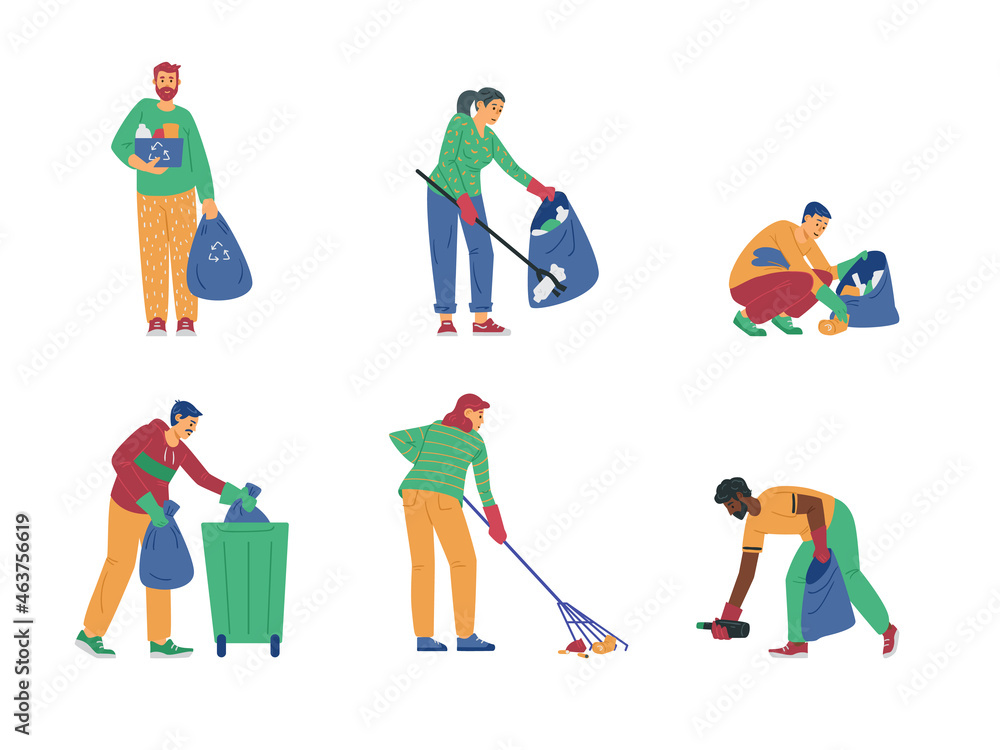 Set of janitors or volunteers picking up garbage, vector illustration isolated.
