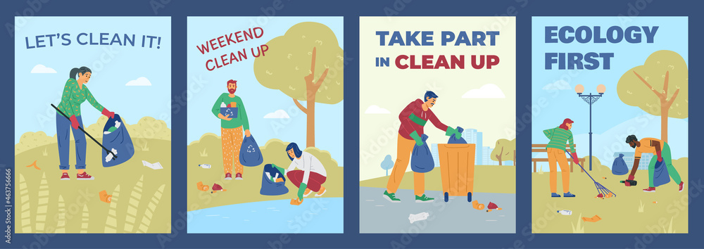 Banners set for environment cleaning up events, flat vector illustration.