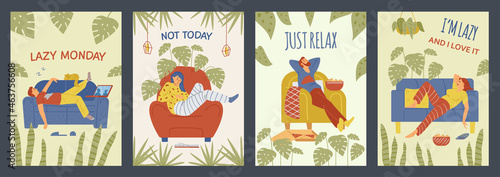 Vector posters with lazy male and female persons relaxing at home.