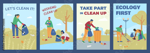 Banners set for environment cleaning up events  flat vector illustration.