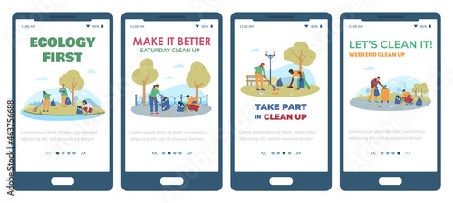 Mobile phone screens with a call to clean up trash at city streets and parks.