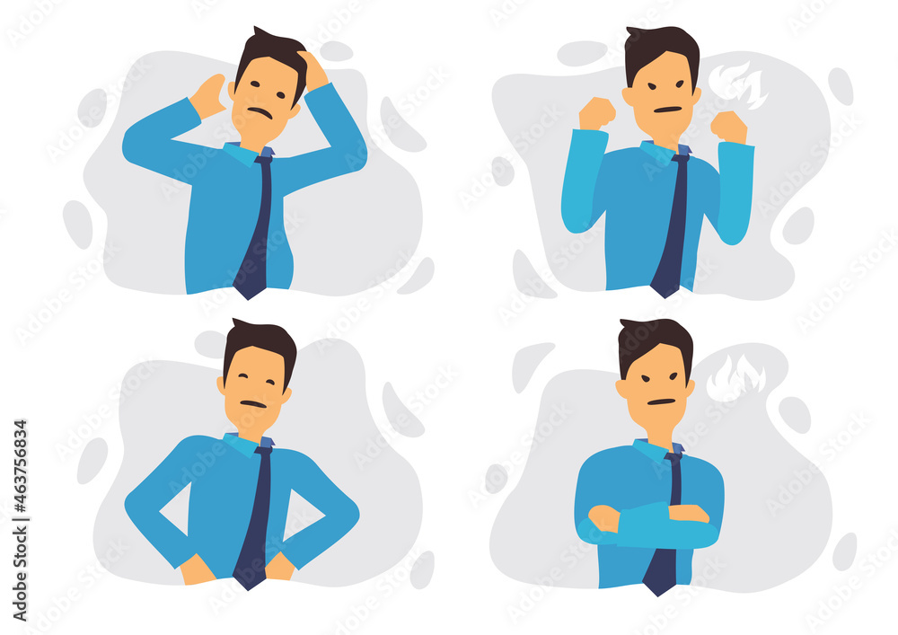 Fototapeta premium Set of four Businessman in blue suite showing different gestures character.