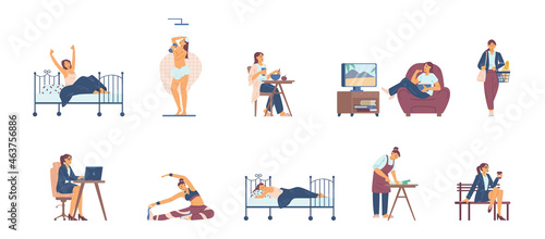 Modern woman daily routine chores and activities, vector illustration isolated.